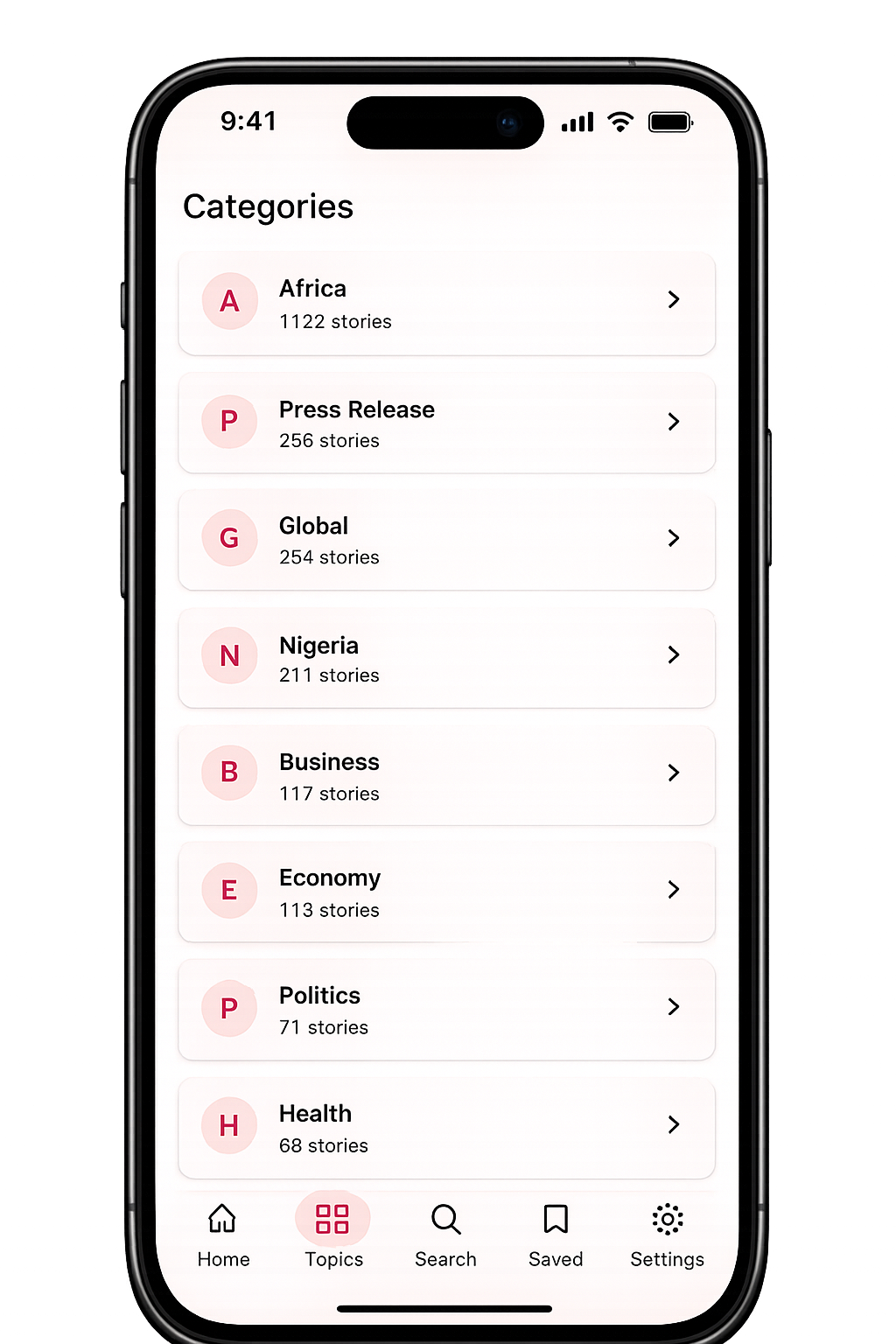 Browse news categories in the Eandel app